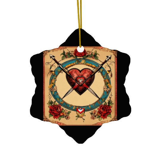 Traditional Tattoo Heart with Cupid Bow Ceramic Ornaments