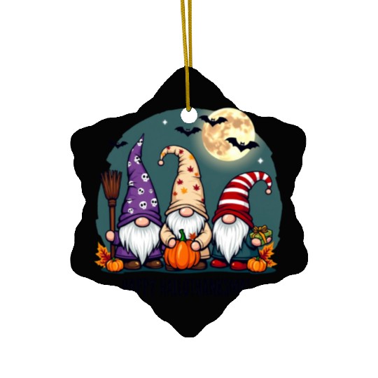 Happy Hallothanksmas Gnomes Celebration with Bats Ceramic Ornaments