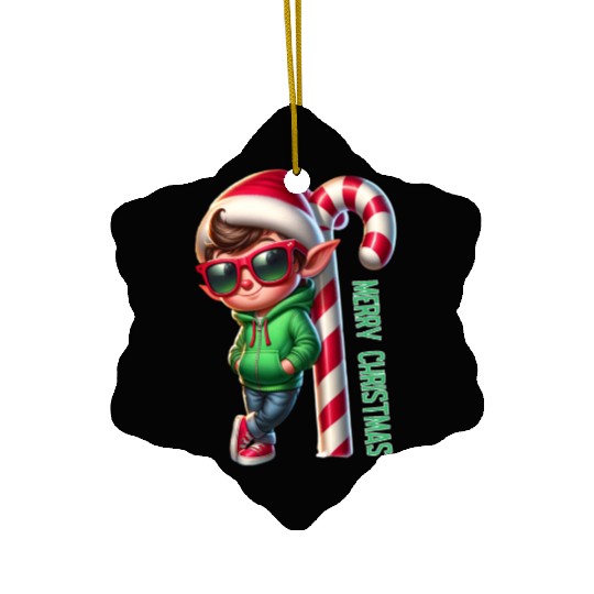 Merry Christmas Cool Elf with Candy Cane Vibes Ceramic Ornaments