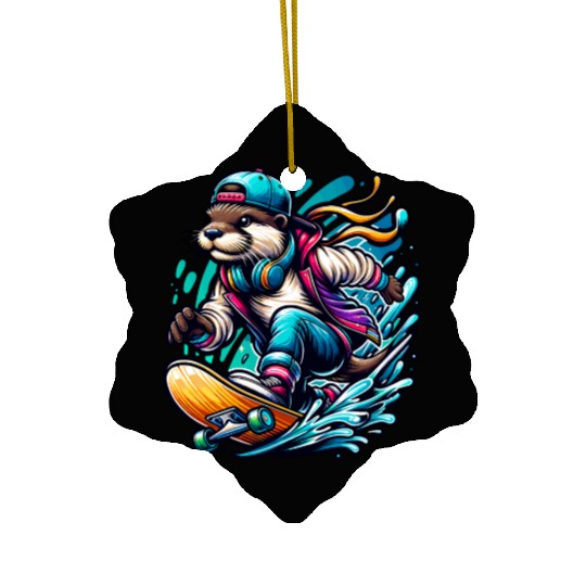 Cool Otter Skateboarding with Headphones Vibrant Ceramic Ornaments