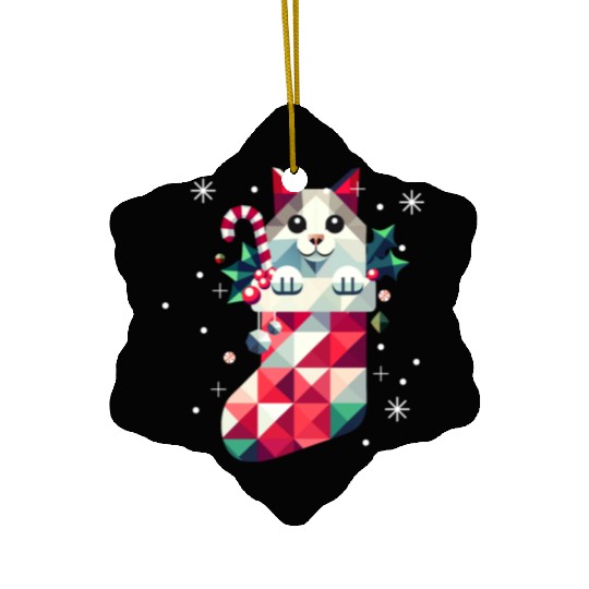 cute cat in a colorful Christmas stocking Ceramic Ornaments