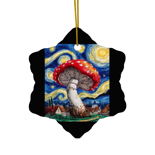 Starry Night Mushroom: Surreal Watercolor Dreamsca Ceramic Ornaments
