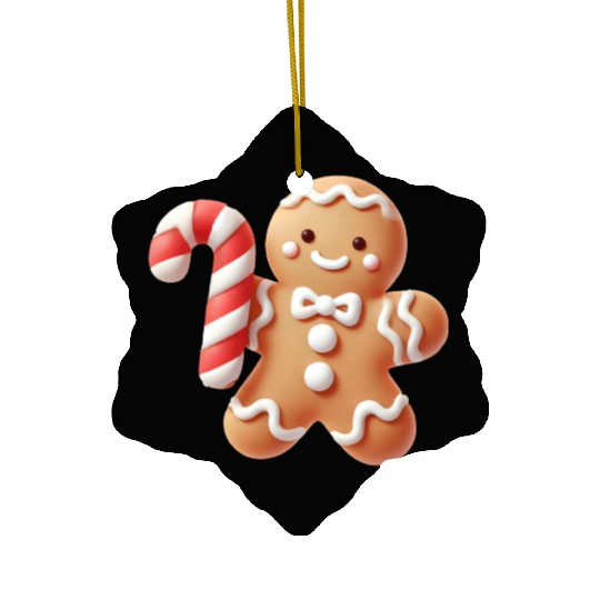 Happy gingerbread man with candy cane Ceramic Ornaments