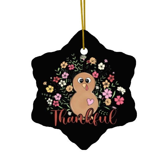 Thankful Floral Turkey Natural Cute Thanksgiving Ceramic Ornaments
