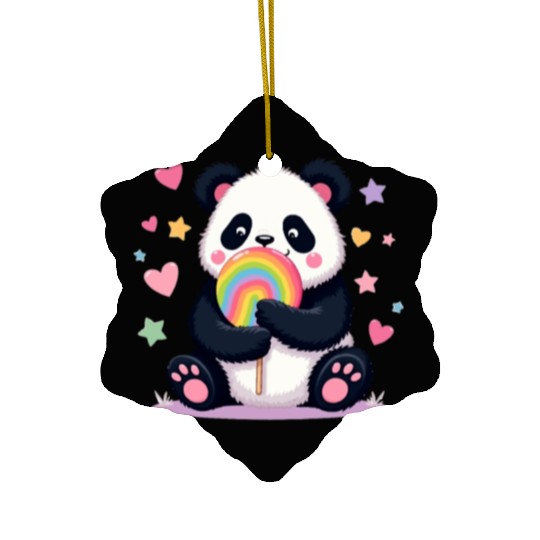 Chubby Panda with Rainbow Lollipop Ceramic Ornaments