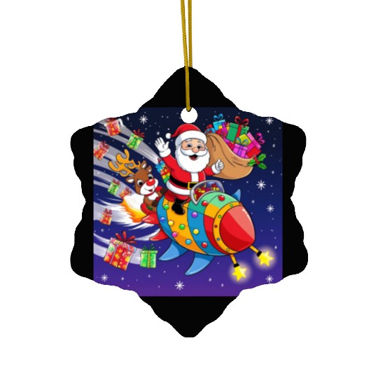 Reindeer with father christmas and spaceship Ceramic Ornaments