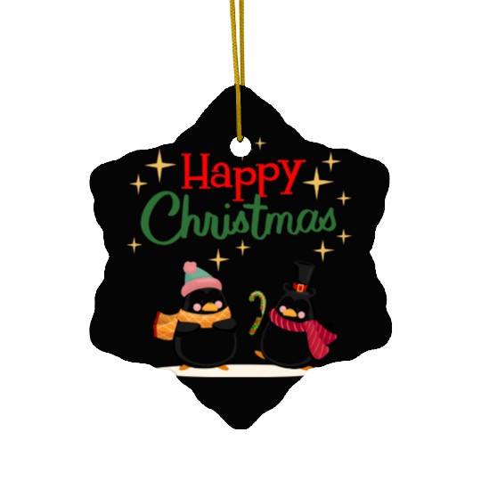 Cute cartoon penguins celebrating Christmas Ceramic Ornaments