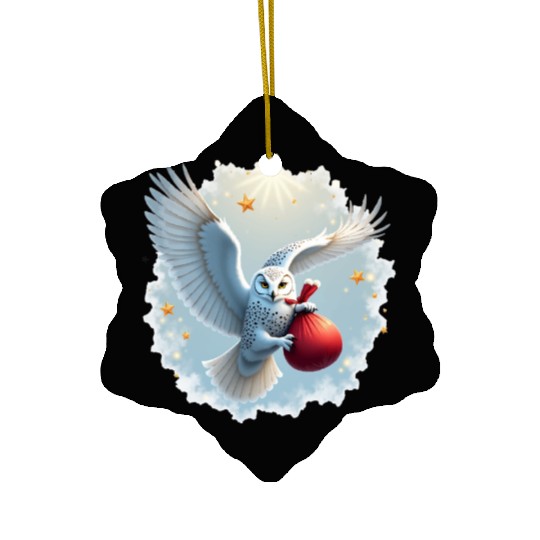 Snowy Owl Carrying Christmas Gift Bag Ceramic Ornaments