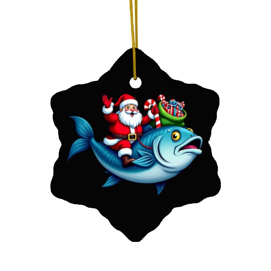 Santa on Bass Merry Fishmas Fishing Christmas Ceramic Ornaments
