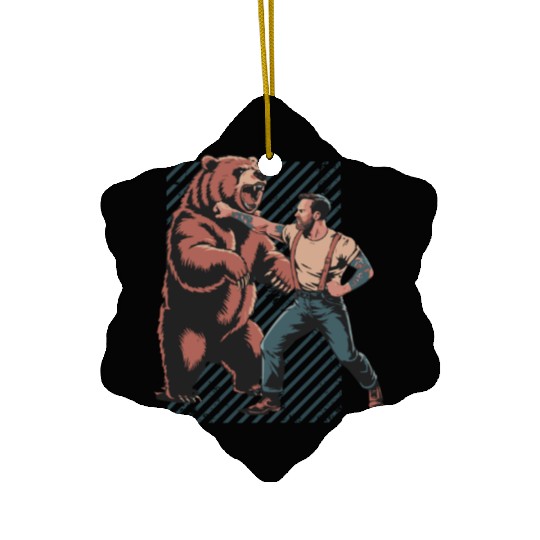 Man vs. Bear – Epic Wilderness Fight Ceramic Ornaments