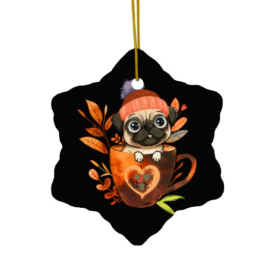 Pug in A Coffee Cup with Christmas Ceramic Ornaments
