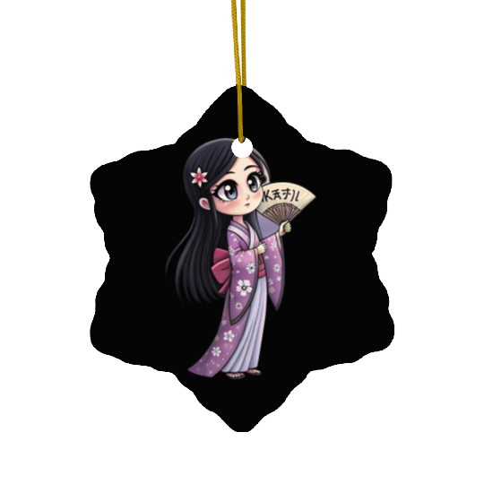 Cute Chibi Geisha Anime Inspired Kimono Design Ceramic Ornaments