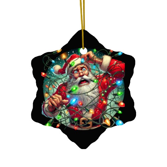 Funny Christmas Santa: Tangled in Lights Ceramic Ornaments