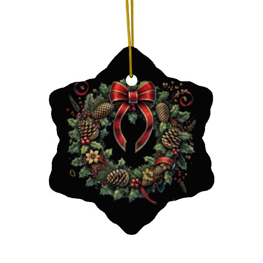 Rustic Christmas Wreath with Holly and Pine Cones Ceramic Ornaments