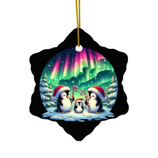 Penguin Family Christmas under the Aurora Ceramic Ornaments