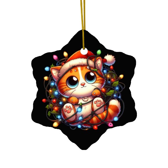 Whimsical Cat’s Christmas Lights Adventure Ceramic Ornaments