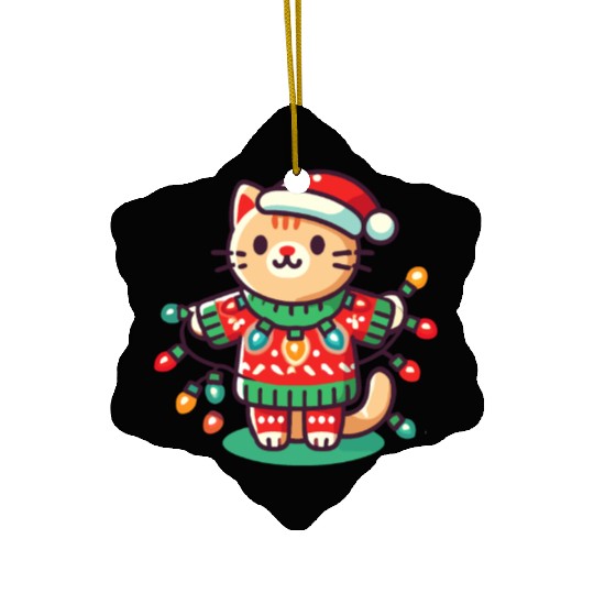 Christmas Cat With Fairy Lights Ceramic Ornaments