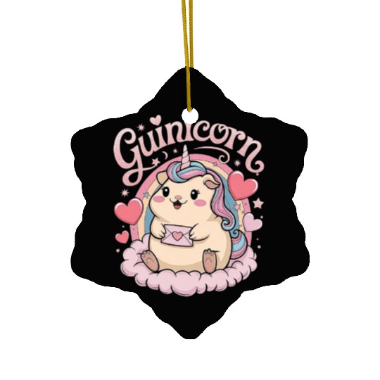 Adorable Guinea Pig Unicorn Fantasy Art with Heart Ceramic Ornaments