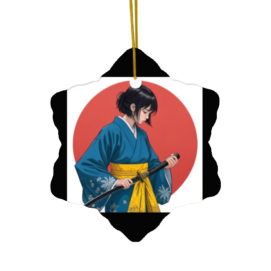 Blossom and Blade: Kimono-Clad Warrior Girl, Japan Ceramic Ornaments