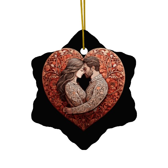 Romantic Couple Embracing in Floral Valentine Hear Ceramic Ornaments