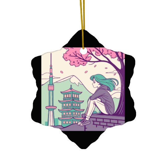 "Peaceful Anime Vibes: Girl Relaxing with Sakura Ceramic Ornaments