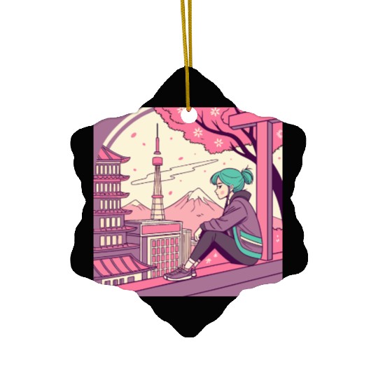 Blossom Breeze: Tokyo Girl Embracing a Tranquil Ceramic Ornaments