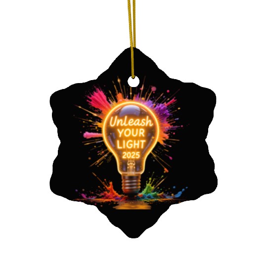 A large starburst glowing in neon light with 2025 Ceramic Ornaments