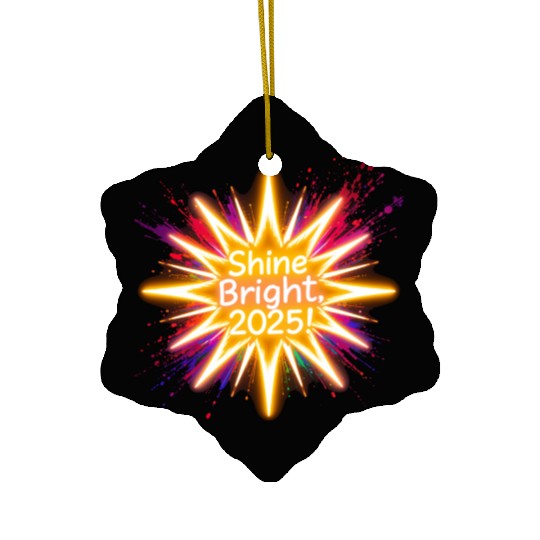 A large starburst glowing in neon light with 2025 Ceramic Ornaments