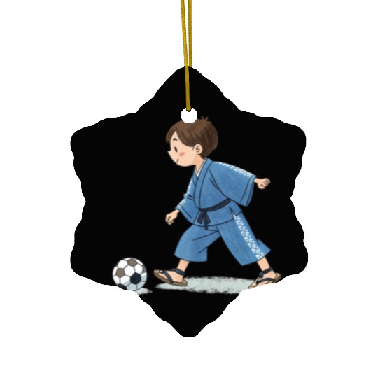 Boy in kimono playing soccer Ceramic Ornaments