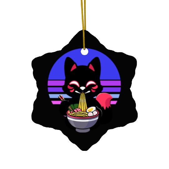 Cat Eating Ramen Noodles Kawaii Anime Japanese Ceramic Ornaments