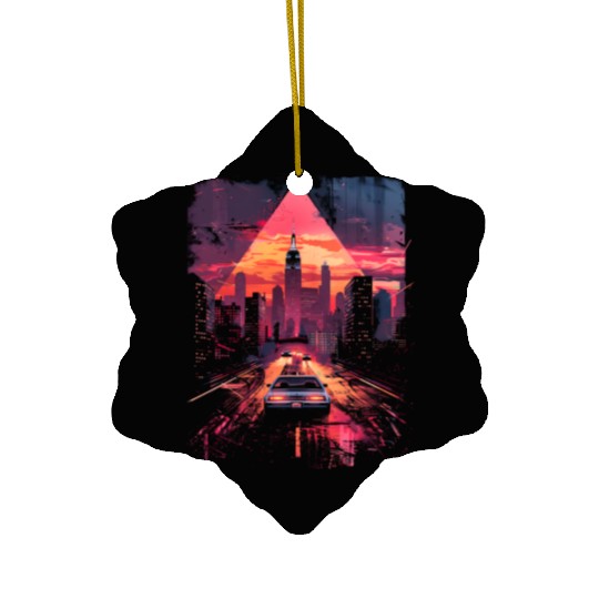 Vaporwave Retro Car City Synthwave 80s 90s Ceramic Ornaments