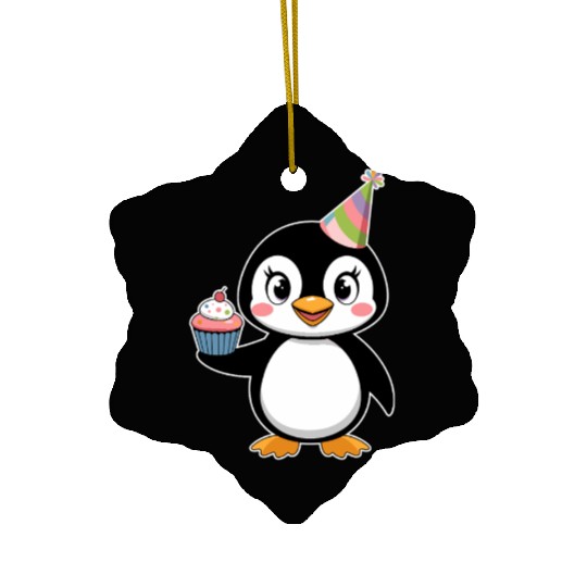 Birthday Joyful Penguin With Cupcake Ceramic Ornaments