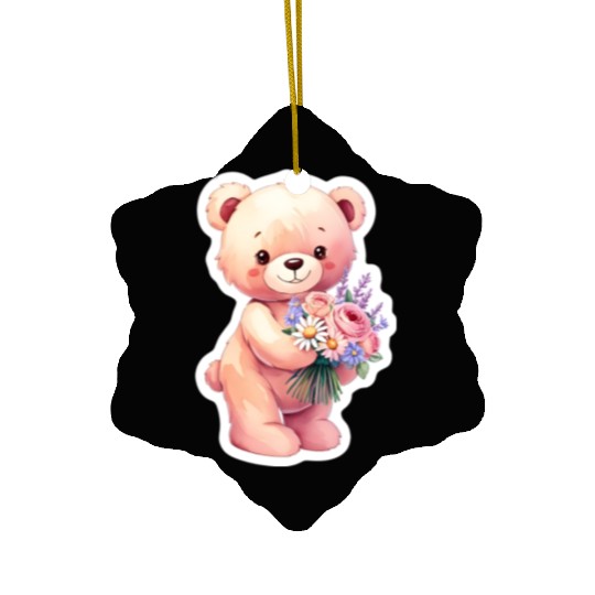 Teddy bear with bouquet of flowers Ceramic Ornaments