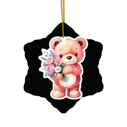 Teddy bear with bouquet of flowers Ceramic Ornaments