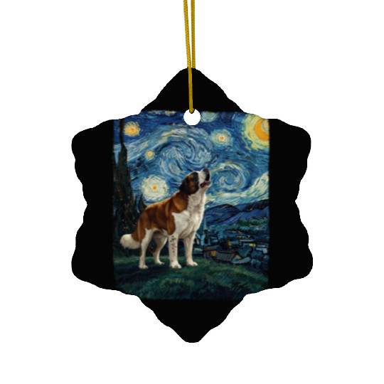 Saint Bernard Howling At Moon Starry Night Van Gog Ceramic Ornaments