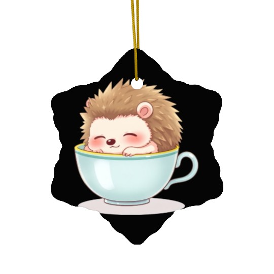 Cute hedgehog relaxing in a light blue cup Ceramic Ornaments