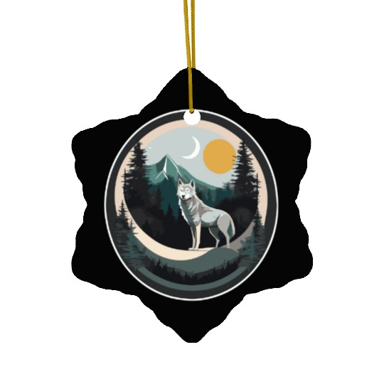 Lone Wolf Under Moonlit Sky Ceramic Ornaments