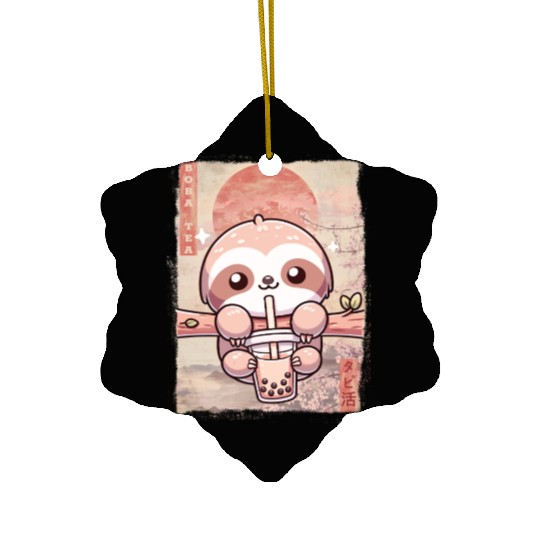 Cute Kawaii Sloth Drinks Boba Tea Japanese Ceramic Ornaments