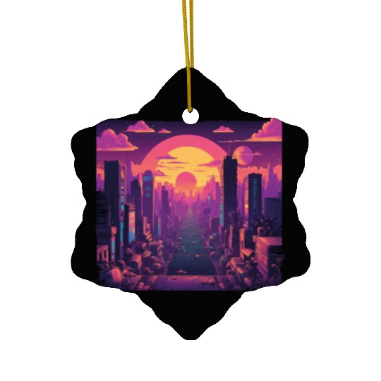 Cyberpunk Neon Cityscape Sunset Ceramic Ornaments