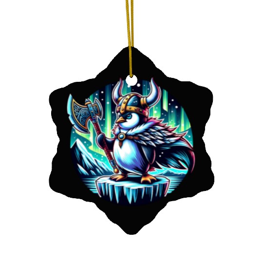 Viking Penguin with Axe Under Northern Lights Ceramic Ornaments