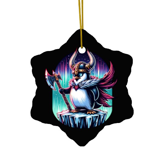 Viking Penguin Warrior Under Northern Lights Ceramic Ornaments