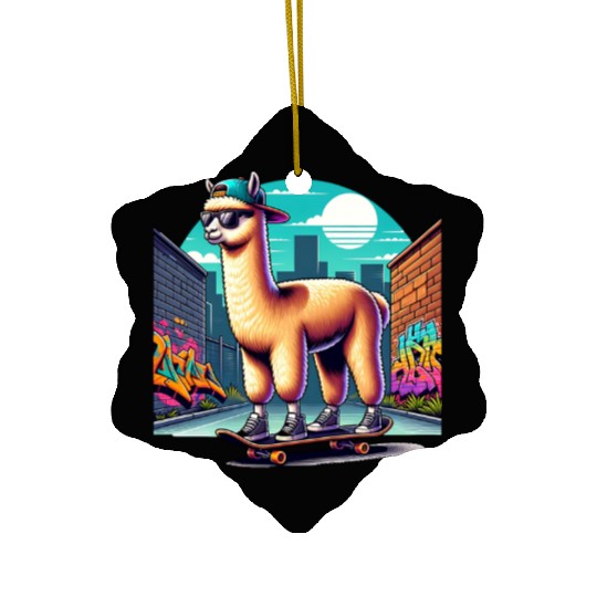 Cool Alpaca Skater Vibe in Urban Street Art Ceramic Ornaments