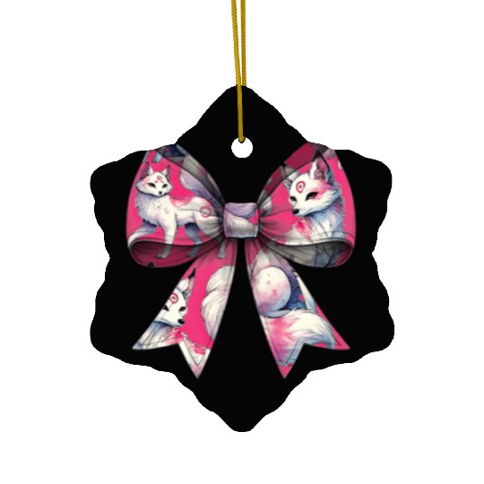 Coquette Bow Kitsune Fox Mask Pattern Pink Ribbon Ceramic Ornaments
