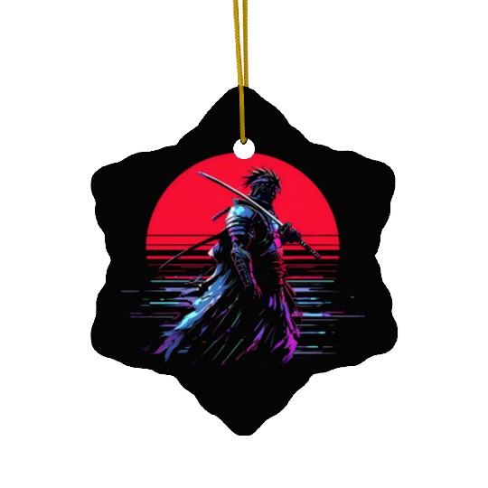 Cyberpunk Samurai Warrior Under Neon Moon Ceramic Ornaments
