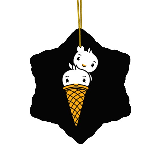 Two Birds Ice Cream Waffle Scoops Greeting Waving Ceramic Ornaments