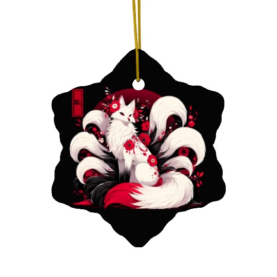 Kitsune Fox Red spider lily Flowers Japanese Nine Ceramic Ornaments