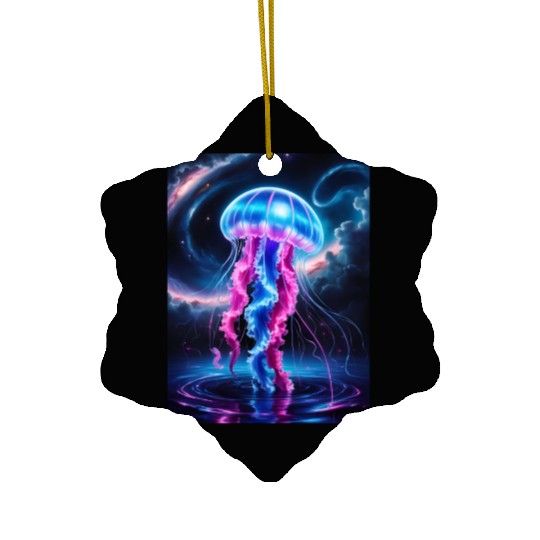 A mesmerizing neon jellyfish gracefully floating Ceramic Ornaments