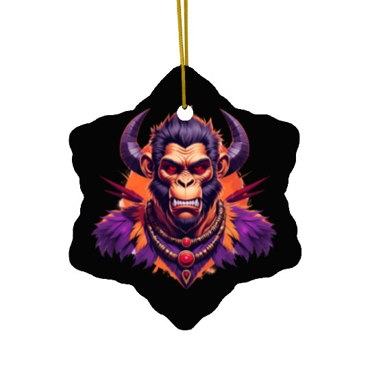 Tribal Monkey Warrior Mascot Illustration on White Ceramic Ornaments