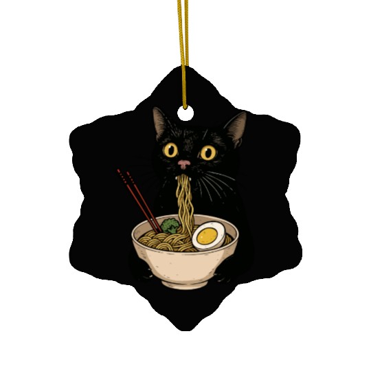Black Cat Eating Ramen Noodles, Cute Japanese Food Ceramic Ornaments