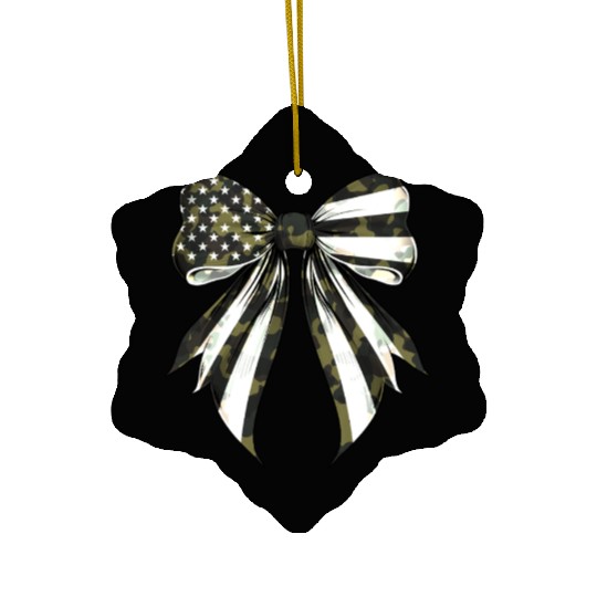 Coquette Bow Camouflage US Flag Pride Patriotic Ceramic Ornaments
